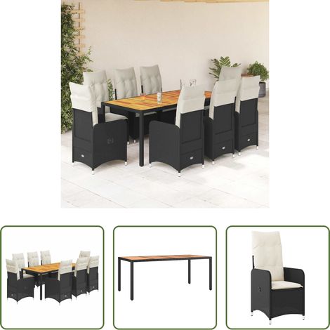 Gartentisch -  9-tlg. Garten-Bistro-Set mit Kissen Schwarz Poly Rattan (1/5)