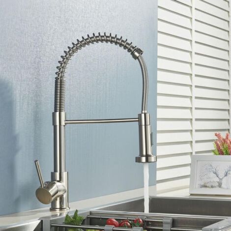 Robinet de cuisine mitigeur extractible 2 jets 360° Acier inoxydable Hauteur 44 cm Douchette pivotante Connexion G1/2 (1/5)