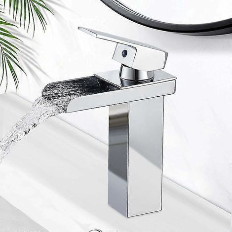 Wasserfall-Waschtischarmatur, verchromter Messing-Waschtischmischer mit Warm- und Kaltwasseranschluss, Keramikventil, elegantes Design