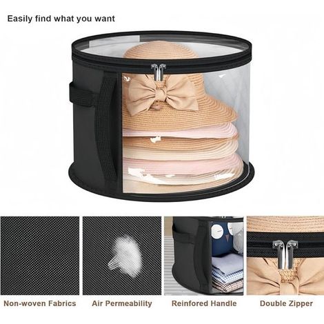 Caja redonda plegable de PVC para guardar sombreros, organizador apilable para viajes, ideal para gorras de béisbol (42 x 42 x 27,8 cm, negro). (1/4)