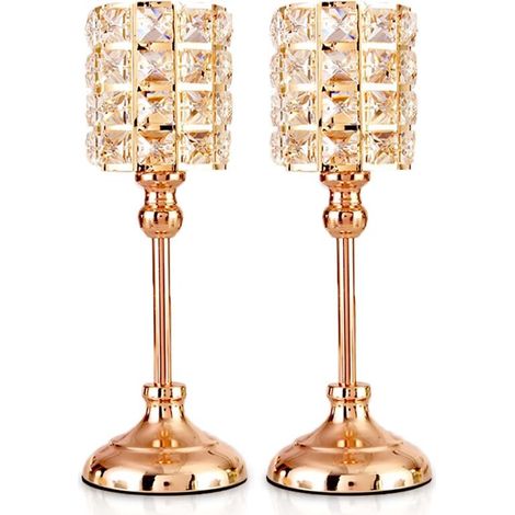 Set di 2 portacandele in cristallo color oro, cilindri in metallo per lumini, candelabri di lusso, altezza 35,5 cm, portacandele, ornamenti per Natale, soggiorno, matrimonio, centrotavola (grandi) - C