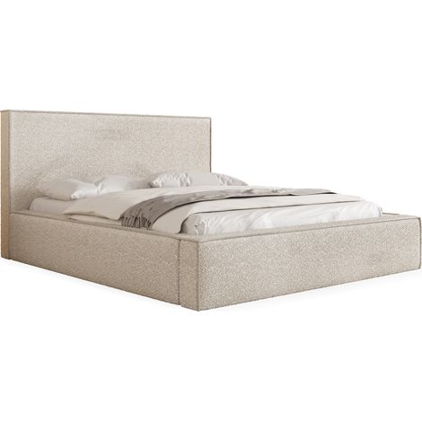 Polsterbett 120x200 mit Bettkasten und Lattenrost – Creme Bett mit hohem Kopfteil, Boucle oder Samt Stoff - Modernes Doppelbett mit Stauraum – Bettgestell, ohne Matratze – Terra - Beige