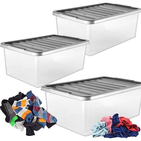 3 x Underbed Storage Containers 32 Litre With Silver Lids