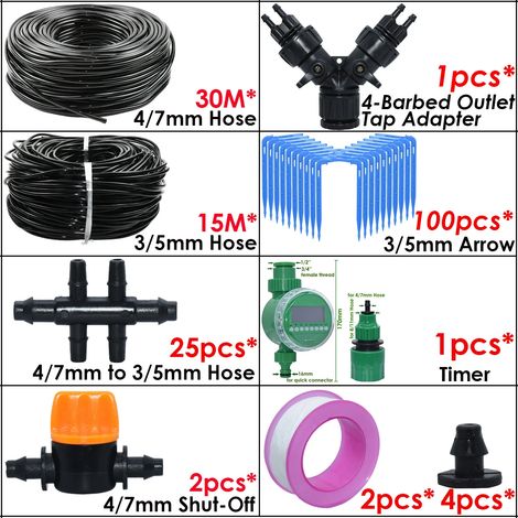 (SPL11-283B-30M-T) Kit d'irrigation goutte à goutte automatique avec émetteur coudé vert pour jardin, compatible avec les tuyaux de 4/7 à 3/5 mm, idéal pour les bonsaïs en pot.