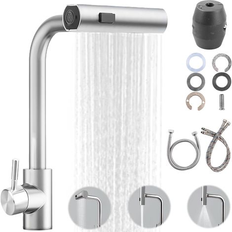 Robinet de cuisine extensible avec douchette extractible, mitigeur d’évier extensible à levier unique, 3 modes, 1 trou pivotant 360°, haute pression cascade, brossé (1/5)