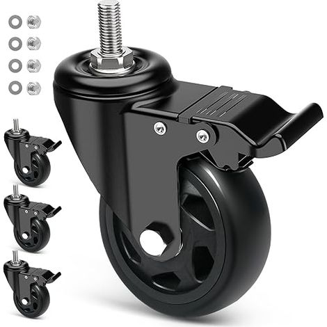 Heavy Load Caster with Brake, 100 mm Furniture Casters with Threaded Stem M12 x 1.75 x 30 mm 360 Degree Swivel Caster, for All Floors, 4 PU Casters up to 500 kg (1/5)