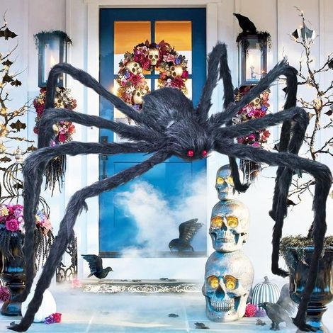 Araignée géante de décoration - ERWAWEE - 200 cm - velue noire - yeux rouges - armature métallique (1/5)