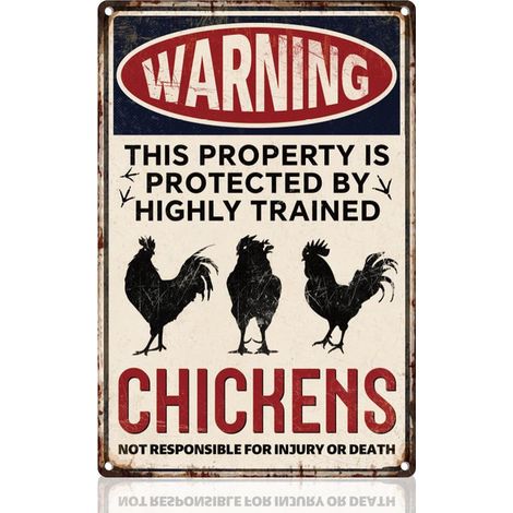 Plaque décorative humoristique "Warning" pour poulailler en métal - Décoration murale vintage poules (1/5)