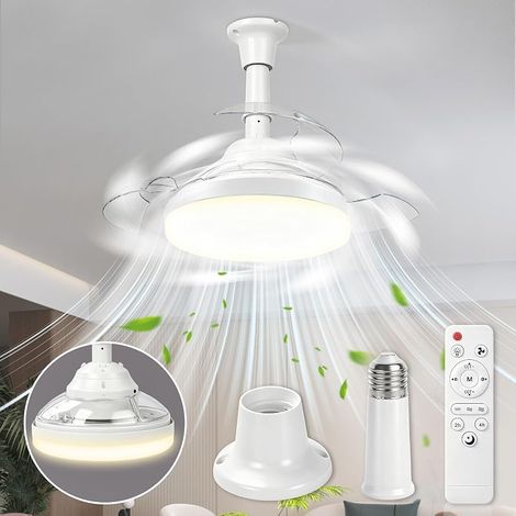 Ventilateur Plafond avec Lumiere, 43CM Lustre Ventilateur de Plafond Pliable avec Douille E27 et Telecommande, Petit Lampe Ventilateur pour Chambre Salon, 3 Pales Cachées,3 Vitesses,Timing (1/5)