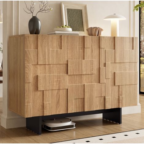 Credenza 105x33,5x76 cm, 3 ante con ripiani regolabili, frontale geometrico 3D, bambù e MDF nero naturale. (1/5)