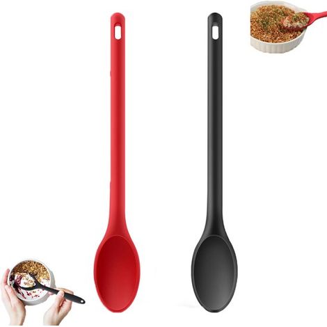 Set di 2 cucchiai da mescolare in silicone con manico lungo, lunghi 29,8 cm, antiaderenti e resistenti al calore, neri + rossi, monopezzo S (1/5)