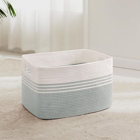 Panier à Linge en Coton tressé 45L avec Poignées Blanc & Vert d'Eau (1/5)