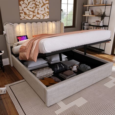 DESVIAE Lit double avec rangement tête de lit en tissu lin avec liseuse et ports USB 140 x 200 cm naturel (1/5)