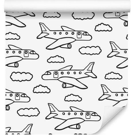 Papier peint avions noirs et blancs avec nuages pour salon et chambre 50x1000 cm (1/5)