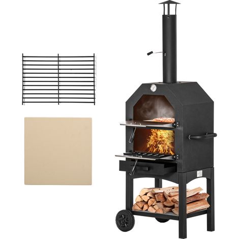 Horno de Pizza Exterior con 2 Capas Horno de Leña con Ruedas Cajón Extraíble Estante de Almacenamiento para Terraza Camping Patio 64x54x160 cm