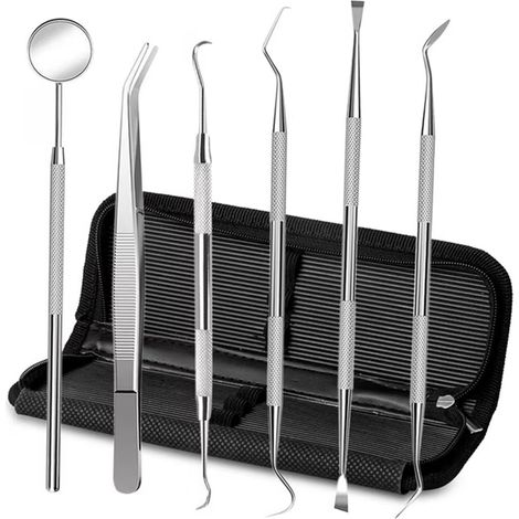Juego de 6 instrumentos dentales de acero inoxidable, espejo y raspador, para limpieza dental en humanos y animales. (1/5)