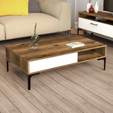Dmora - Wohnzimmertisch Diadem, Niedriger Wohnzimmertisch, Kaffeeregal, Couchtisch für Sofa, 105x60h33 cm, Walnuss und Weiß, mit verstärkter Verpackung (1/5)