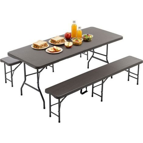 Ensemble table et bancs 6 ft 2 bancs 3 pièces plateau hdpe motif arbre verrouillage de sécurité résistant uv et eau marron (1/5)