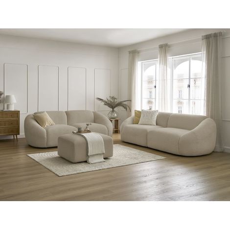 BOBOCHIC - Ensemble canapé droit fixe 3 + 2 places TINA tissu bouclette avec pouf Beige (1/5)