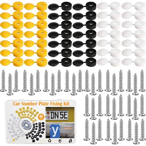 Kit De Fixation Pour Plaque D Immatriculation - 42 Vis + 42 Capuchons (Blancs Jaunes Noirs) - Pour Voitures Caravanes Bateaux Et Applications DIY