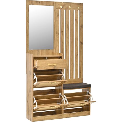 Garde-robe compacte avec miroir, banc et rangement chaussures en MDF naturel (1/5)
