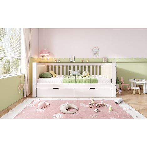 Lit banquette 90 x 190 cm avec 2 tiroirs et dossier sur trois côtés, accoudoirs arrondis rembourrés, sommier inclus, bois, blanc (1/5)