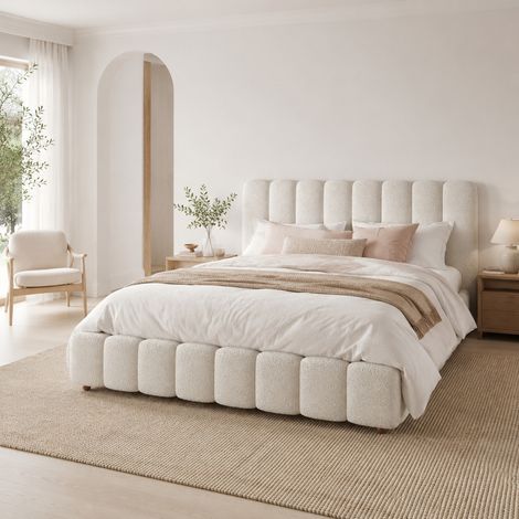 Letto contenitore matrimoniale 180x200 cm con rete a doghe e sollevamento idraulico, bouclé bianco, senza materasso (1/5)