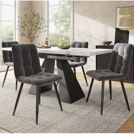 FLORAGRACE Ensemble table à manger 159 x 74 x 77 cm extensible 5 pièces avec 4 chaises en velours noir, table MDF blanche à pied central noir (1/5)