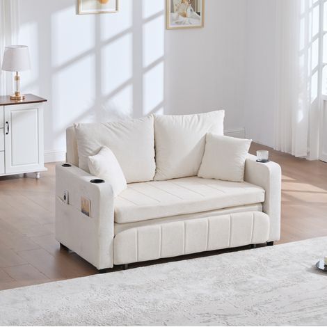 Divano letto in chenille beige 139x83x58 cm, trasformabile, con tasca laterale, porta bicchieri e funzione USB (1/5)