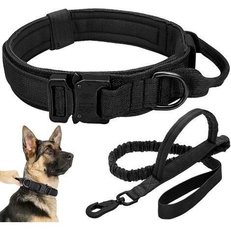 Tactical Dog Collar Leash Set, Adjustable Military Training Nylon Collar Dog Training with Control Handleand Metal Buckle, Dog Collar for Medium Large Dogs (Black,L)