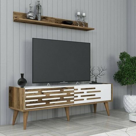 Dmora - Mobile porta TV Achernar, Credenza da soggiorno, Armadio basso per TV, Base parete attrezzata, 140x45h35 cm, Noce e Bianco, con imballo rinforzato, con imballo rinforzato (1/5)