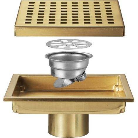Siphon de sol de douche carré avec couvercle de grille amovible, acier inoxydable SUS 304, or brossé (1/5)