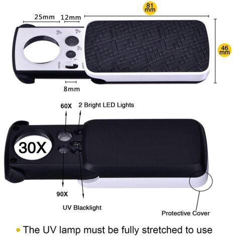 Loupe de bijouterie, loupe de poche, petite loupe portable, loupe de bijouterie, grossissement 30x, 60x, 90x, avec lumière LED et UV (noire). (1/4)