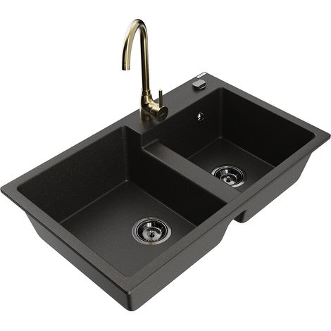 Mexen Tomas lavello da cucina in granito a 2 vasche con miscelatore Telma, nero/oro metallizzato - 6516-75-670200-50-B (1/5)