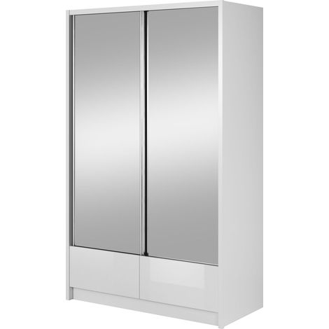 ARIA II Kleiderschrank 134 cm 2 schiebetüren spiegel weiß glänzend