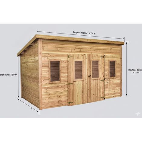 HABRITA Abri de jardin bois massif 14,02 m² - madriers 28 mm - toit monopente polycarbonate - double porte + fenêtres