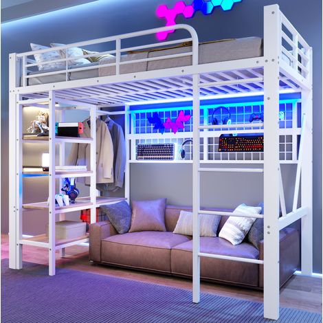 DESVIAE Lit mezzanine 90 x 200 cm en métal et MDF avec étagère filet de rangement barre de suspension étendoir espace ouvert sous le lit et bande LED blanc (1/5)