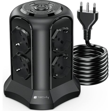 Techly Multipresa da Tavolo a Torretta Salvaspazio 8 Posti Italiana Bipasso / Schuko 2 USB-A e 2 USB-C