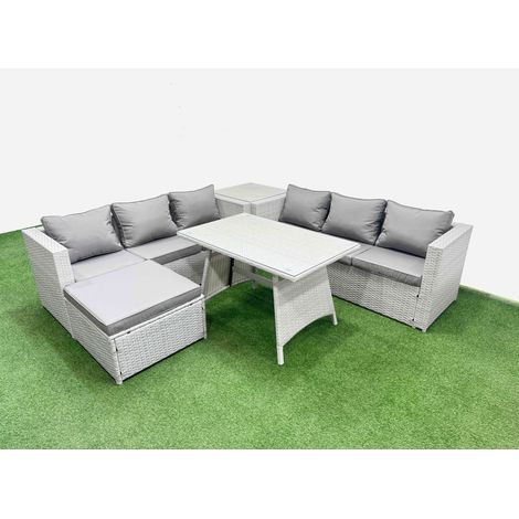 Fimous Rattan Garden Furniture Dining Set 7-seater Patio Rectangular Table 3 Seater Sofa Set with Side Table Big Stool Light Grey (1/4)