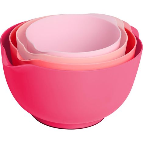 Lot de 4 bols mélangeurs en plastique sans BPA, dégradé de couleur rose – Avec bec verseur, fond antidérapant et poignée, empilables, passent au lave-vaisselle et au micro-ondes, idéal pour (1/5)