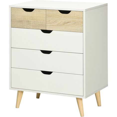 Cassettiera a 5 Cassetti per Camera da Letto con Maniglie Intagliate 60x40x77,5 cm in Legno Melaminico e Legno di Pino Bianco (1/5)