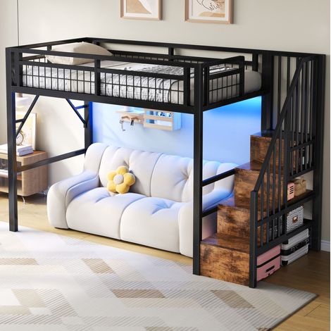 Hochbett 90x200 cm schwarz aus Metall und MDF mit LED-Lichtleiste und Stauraumtreppe (1/5)