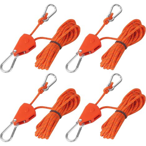 (Orange) 4 Pièces Tendeur de Corde à Cliquet, 4mm x 4m Corde à Cliquet Réglable, Cordes de Tente avec Poulie, Corde De Camping Légère pour Lampe Plant (1/5)