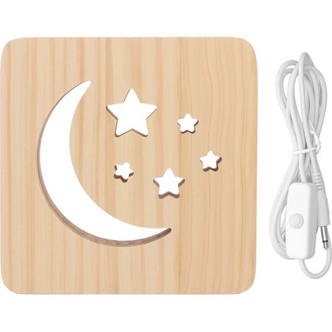 Filiyano – Lampe LED 3D en bois, motif lune et étoiles ajourées, protection des yeux, alimentation USB, veilleuse blanc chaud pour chambre (1/5)