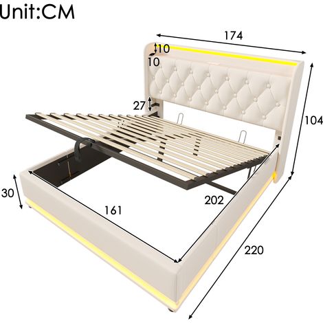 Lit rembourré double, fonction LED surround 360°, bouton poussoir/application/télécommande, 160200 cm, lit de rangement hydraulique en matériau PU blanc, tête de lit rembourrée avec fonction de charge (1/5)