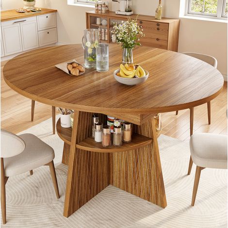 Mesa de comedor extensible redonda a alargada (110x110x76 cm), con estante abierto, tablero engrosado, MDF, marrón oscuro (1/5)