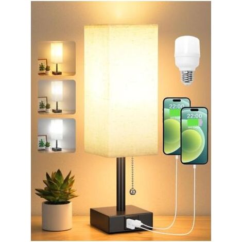 Lampe de Chevet à Intensité Variable 3 Couleur (3000/4000/5000K) avec Ports de Charge USB-A+C Ampoule LED Interrupteur à Chaînette pour Chambre à Coucher Salon Bureau [Classe énergétique F] (1/4)