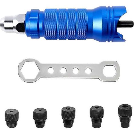 Kit d'outils de riveteuse sans fil en aluminium bleu avec accessoires comprenant une buse à poignée hexagonale DIY de 3/32 pouce, 1/8 pouce, 5/32 pouce et 1/4 pouce. (1/5)