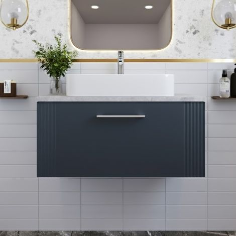 Nuie Deco Wall Hung 1-Drawer Vanity Unit with Bellato Grey Worktop 800mm Wide - Satin Anthracite (1/5)