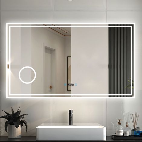 LED Badspiegel mit Beleuchtung Badezimmer Spiegel mit Uhr 3 Lichtfarbe 3x Vergrößerungsspiegel Beschlagfrei Speicherfunktion Wandspiegel mit Touchschalter Horizontal 160x80cm (1/5)